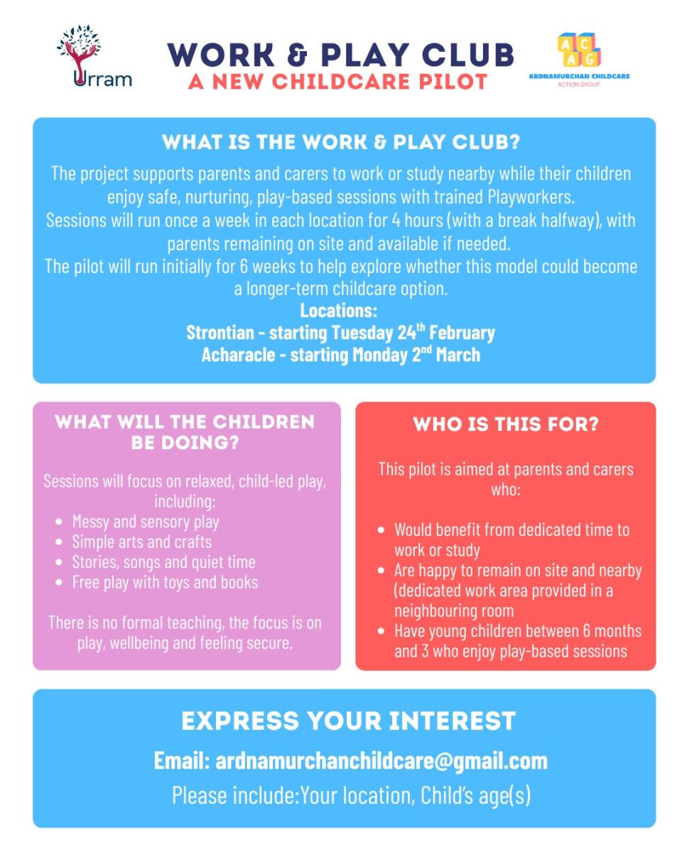 Work and play club poster, outlining details of the club along with dates