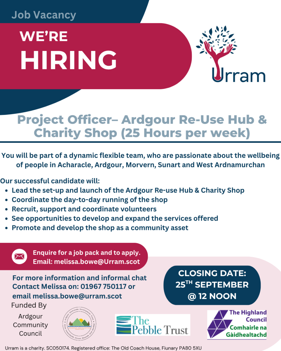 Job ad for Project Officer for Ardgour Re-use Hub & Charity SHop